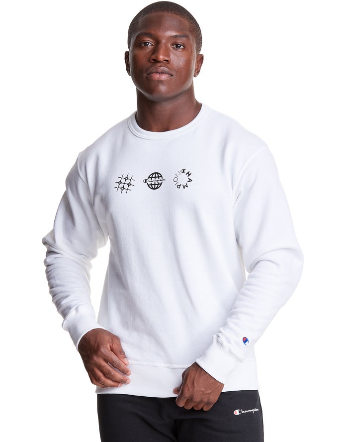 Champion Sweatshirt Heren - Wit - Powerblend Fleece Crew Multi-Logos ( 607142-XSA )